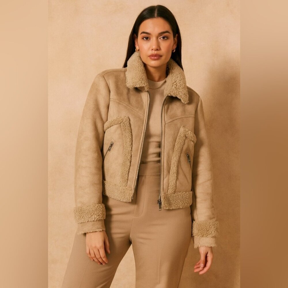 REVOLVE MOTHER Faux Shearling Jacket Tan Size S Women’s Aviator Moto Winter Coat